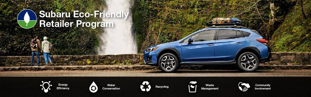 The Subaru Eco-Friendly Retailer Program logo with a blue Subaru and eco icons at bottom. | Bergstrom Subaru Oshkosh in Oshkosh WI