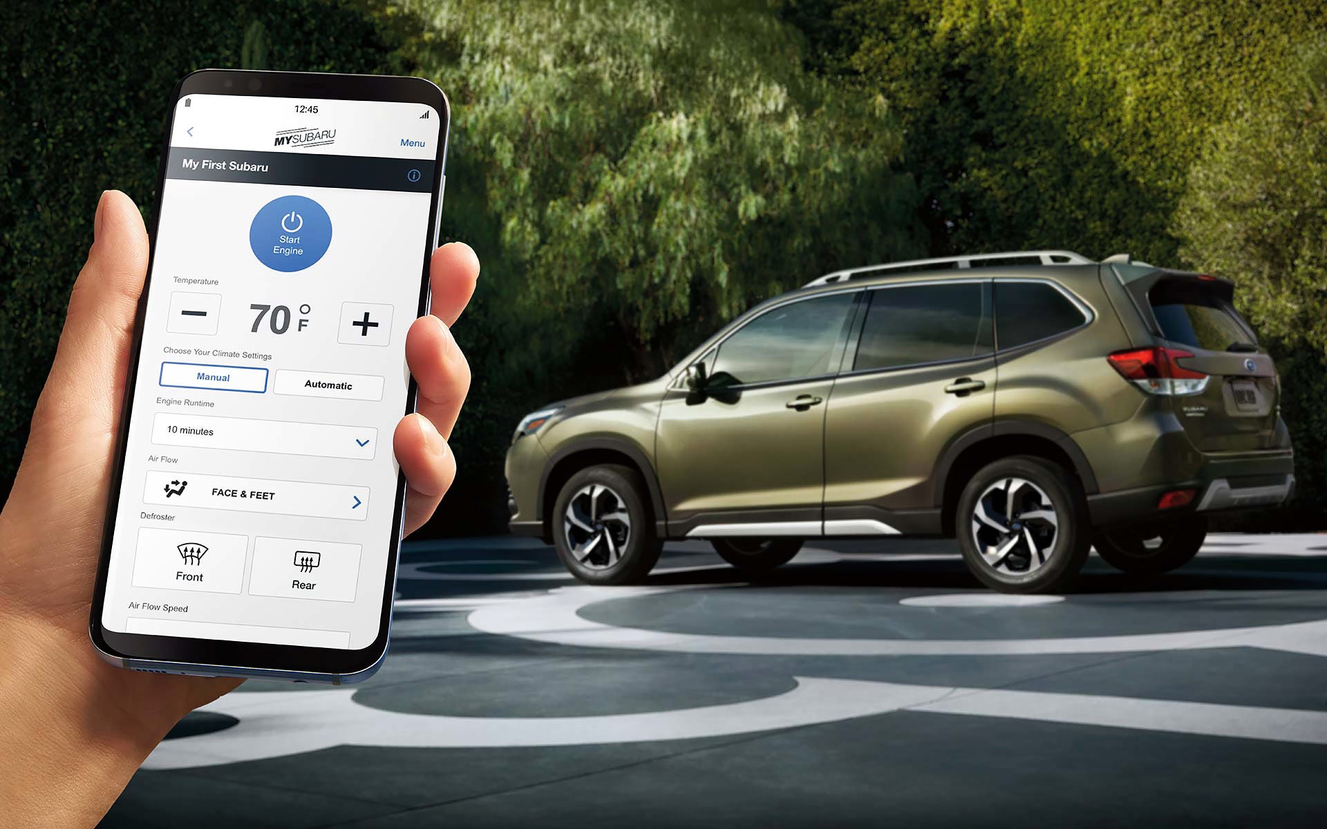 A close-up of a phone showing the Remote Engine Start with Climate Control feature of SUBARU STARLINK® Safety and Security available on the 2022 Forester. | Bergstrom Subaru Oshkosh in Oshkosh WI