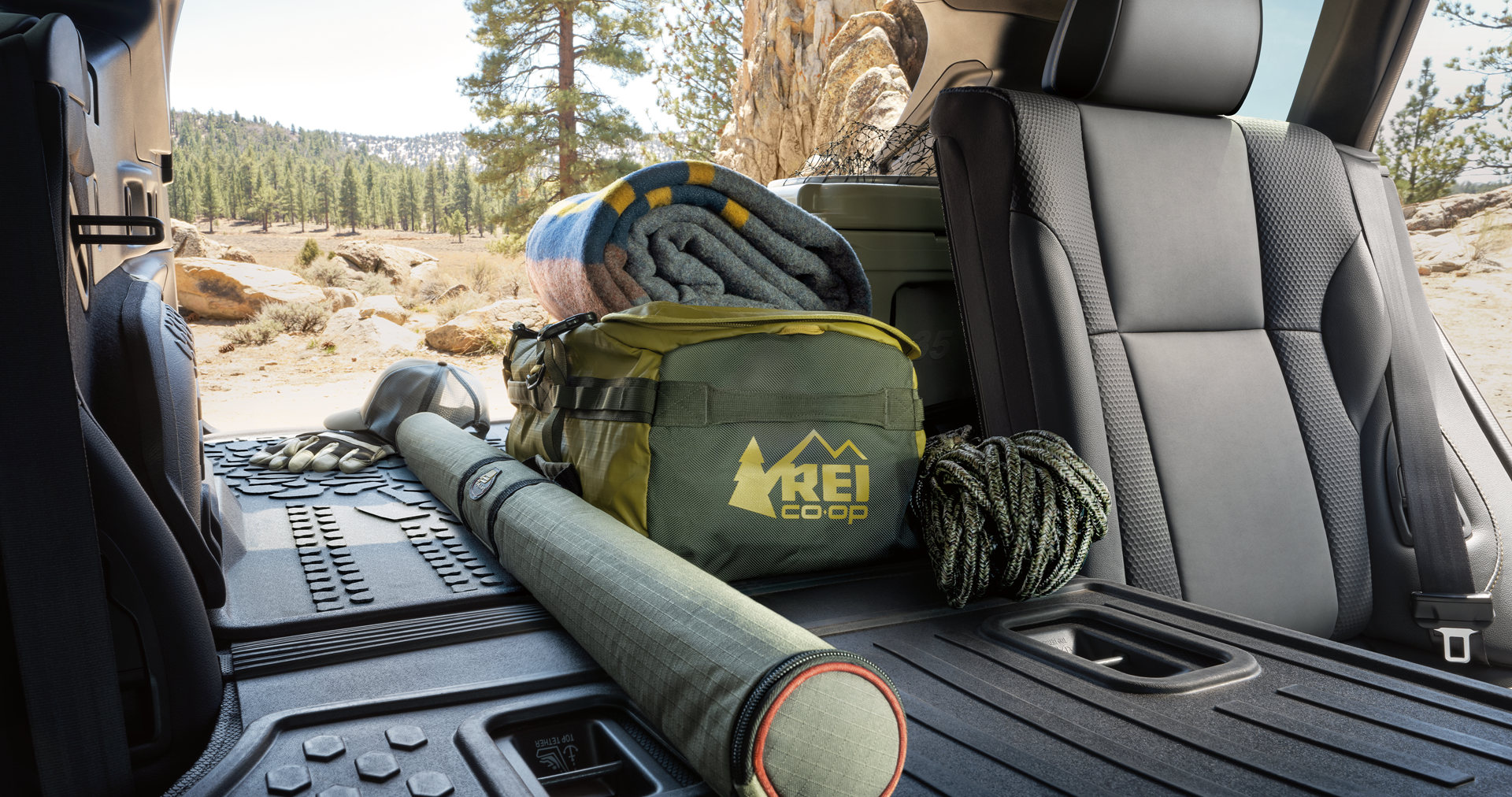 A view looking out the rear cargo area on the 2023 Outback Wilderness. | Bergstrom Subaru Oshkosh in Oshkosh WI